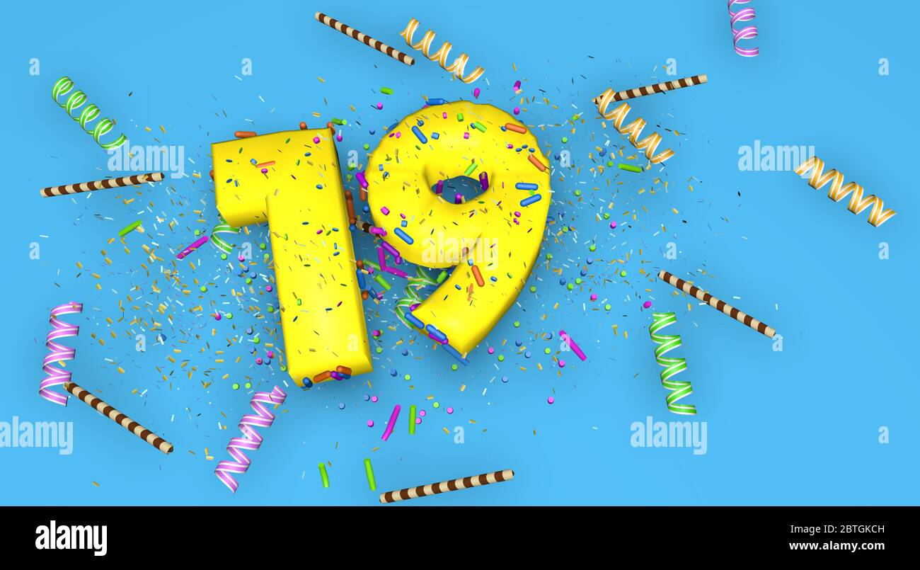 Number 19 for birthday, anniversary or promotion, in thick yellow letters on a blue background decorated with candies, streamers, chocolate straws and Stock Photo