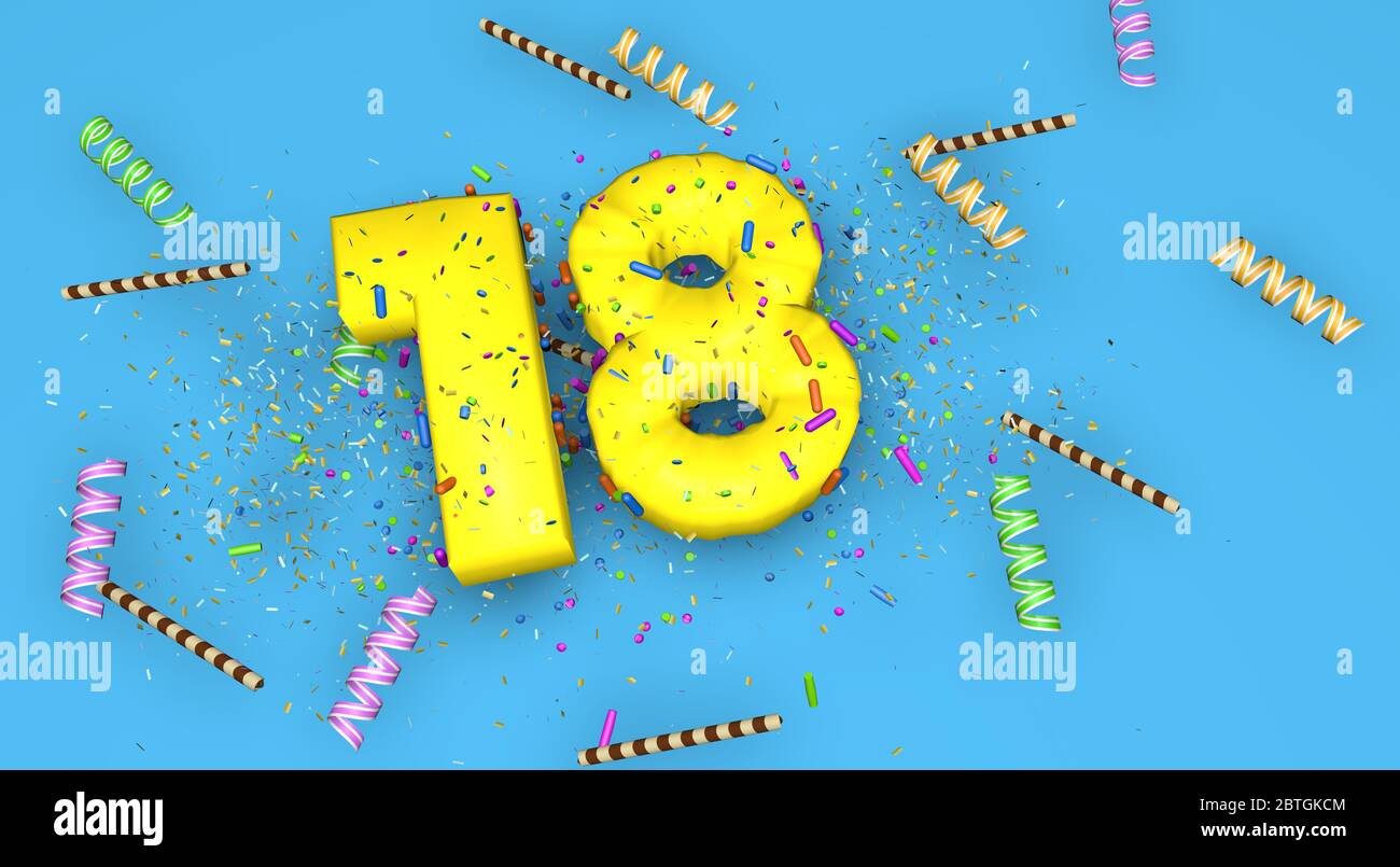 Number 18 for birthday, anniversary or promotion, in thick yellow letters on a blue background decorated with candies, streamers, chocolate straws and Stock Photo