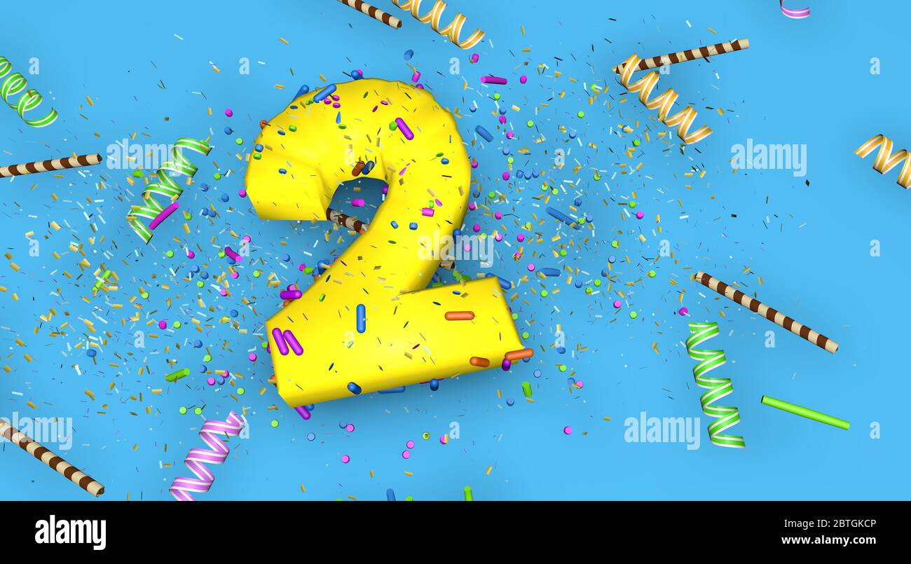 Number 2 for birthday, anniversary or promotion, in thick yellow letters on a blue background decorated with candies, streamers, chocolate straws and Stock Photo