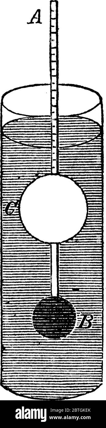 Hydrometer placed in liquid to measure the density of liquid, vintage line drawing or engraving illustration. Stock Vector