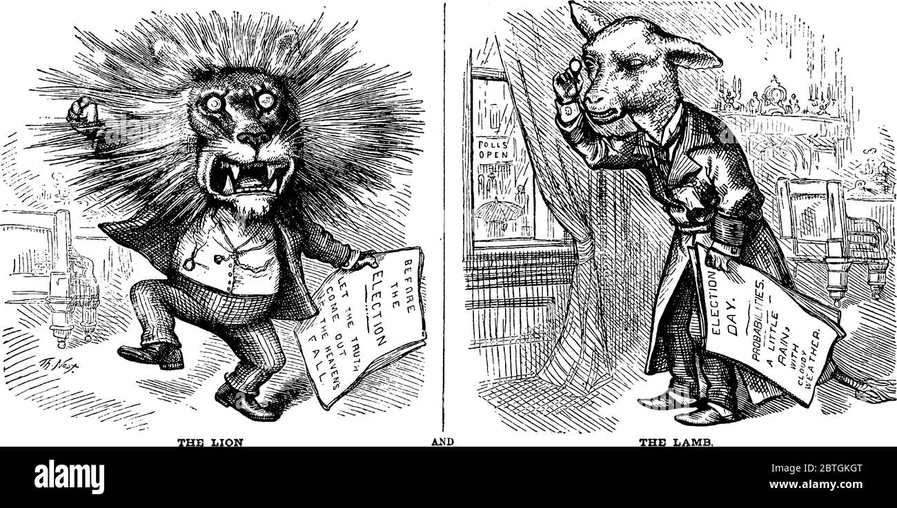 Cartoon of The Lion and Lamb with human bodies, Lamb is looking out window holding election day paper in his hand and the Lion is scared holding befor Stock Vector