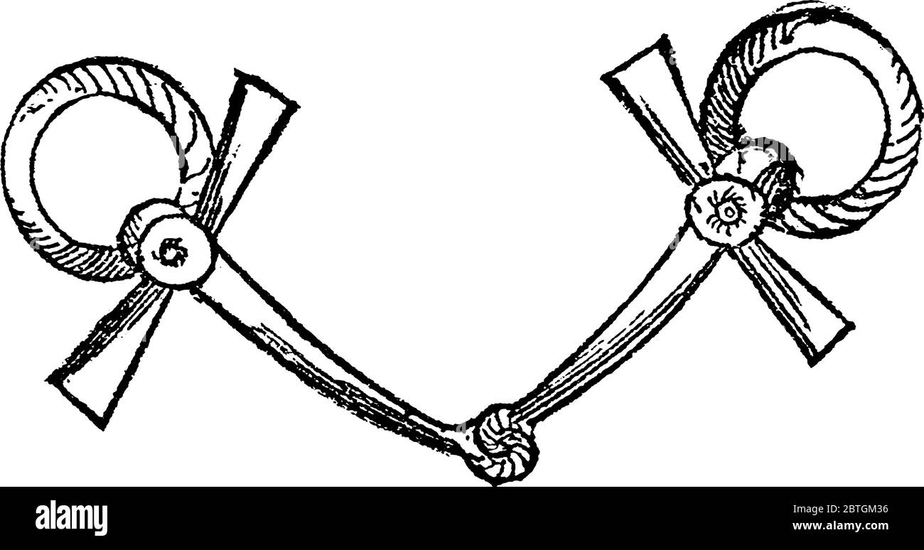 A typical representation of a bit, the iron mouthpiece of a bridle, to which the reins are fastened, vintage line drawing or engraving illustration Stock Vector