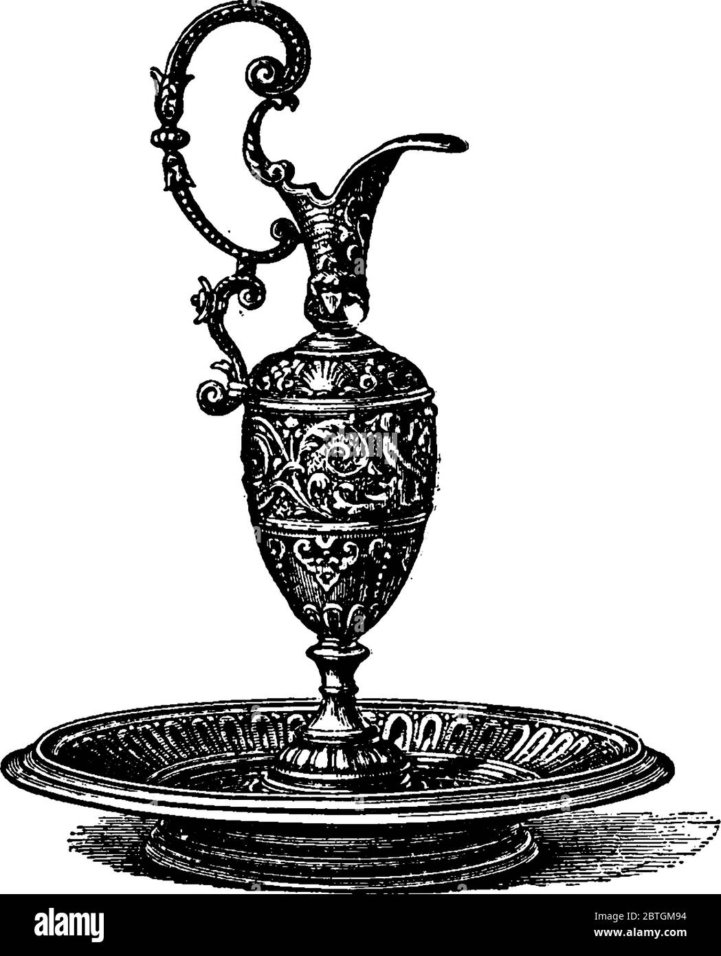 A bronze beaker that rests on a dish at its base, from Germany. It has some decorations and engravings on it, vintage line drawing or engraving illust Stock Vector