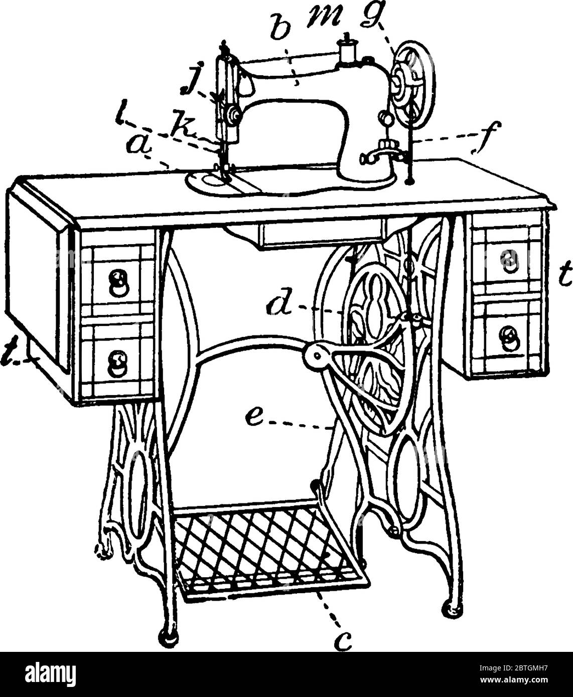 Singer sewing machine with its parts, vintage line drawing or engraving illustration. Stock Vector