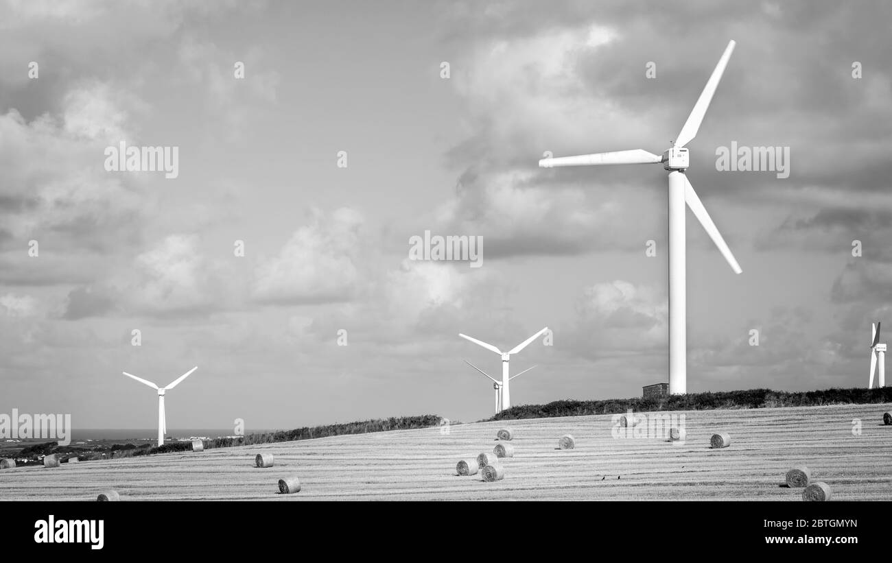 Wind turbines field hay bales Black and White Stock Photos & Images - Alamy