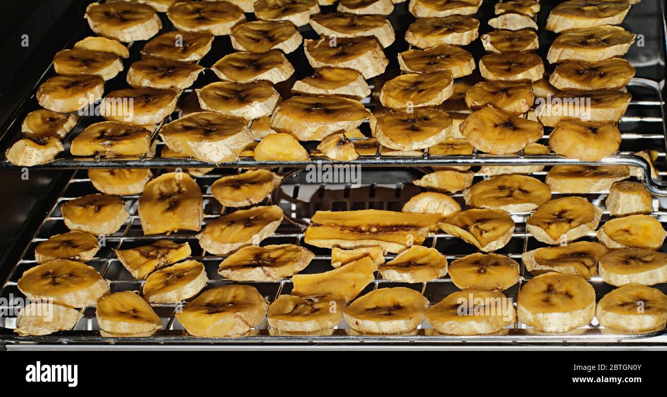 Dehydrating Bananas, Convection Oven dehydrating sliced bananas at low