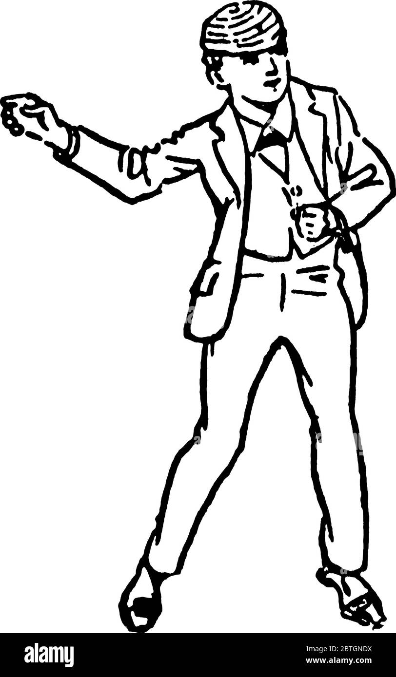 A boy with hat standing in karate position, vintage line drawing or engraving illustration. Stock Vector