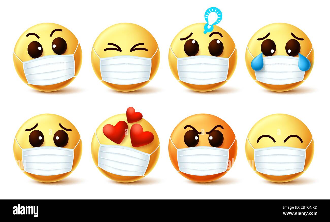 Smileys emoticon wearing face mask vector set. Smiley emoji wearing