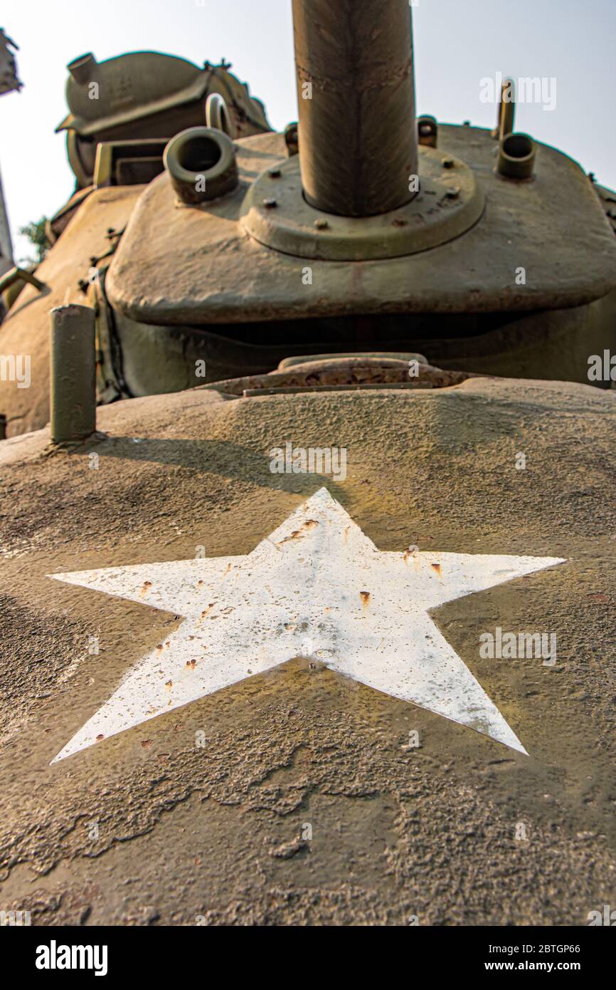 White star on the front of an old Russian tank Stock Photo