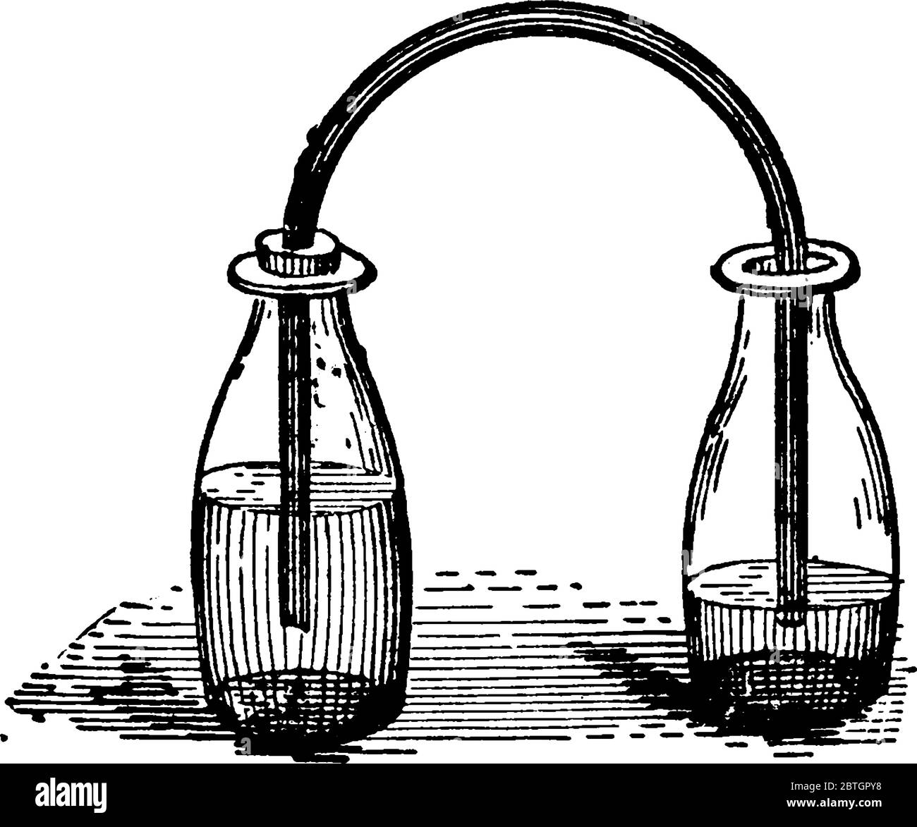 Bottle siphon, the process that requires both the pressure and gravity, with two bottles partly filled with water and connected by a bent tube that fi Stock Vector