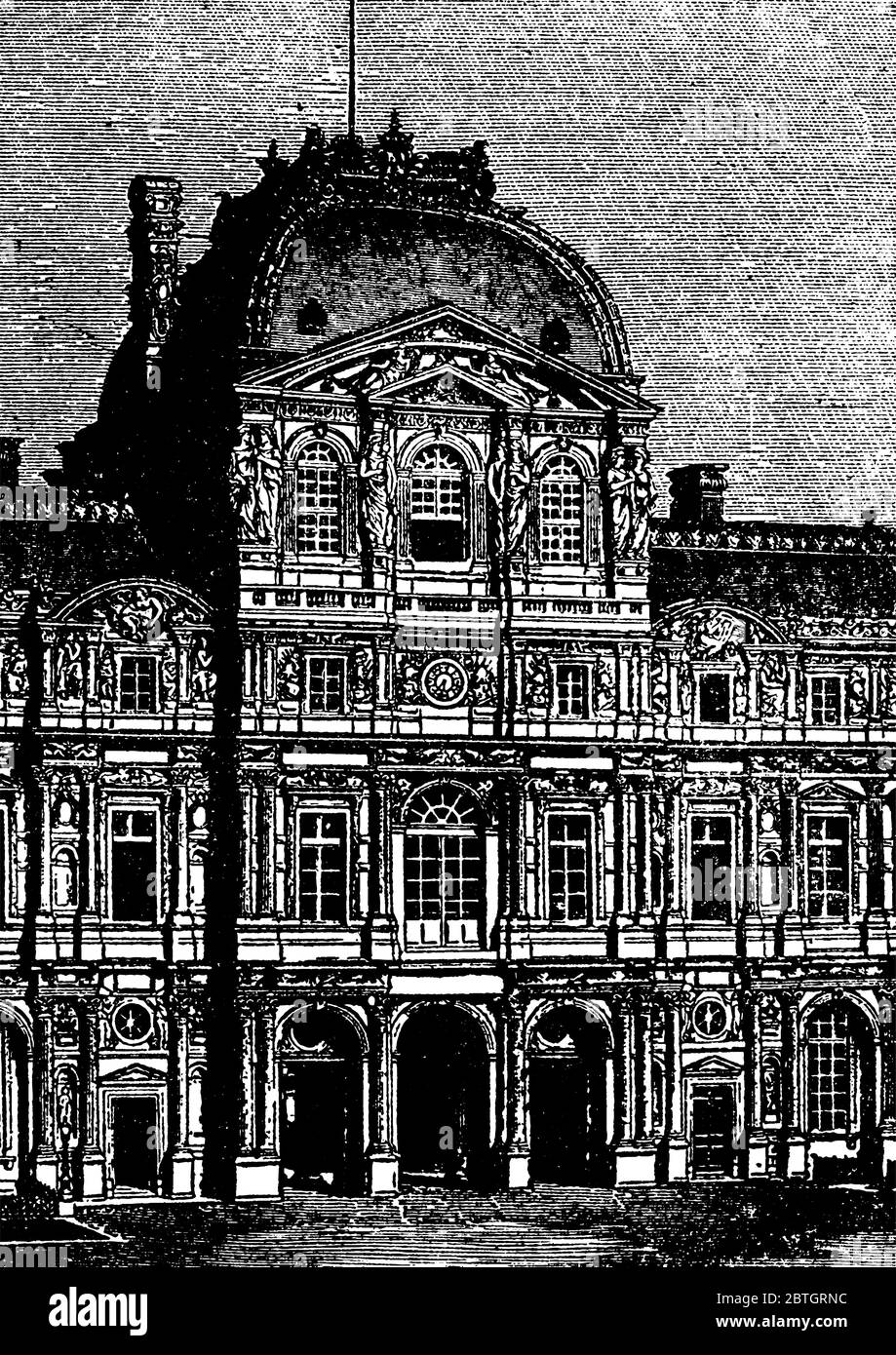 Louvre is the name of a celebrated public building of Paris, situated in the north part of the city, near the right band of the Seine, notable for its Stock Vector