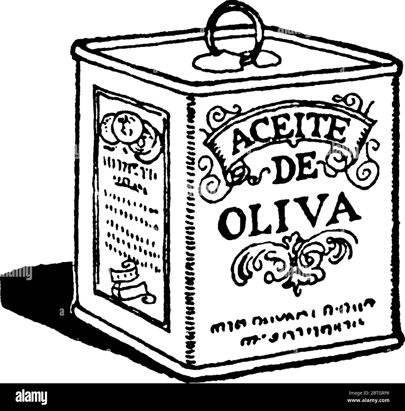 A can of olive oil made out in Italy, vintage line drawing or engraving illustration Stock