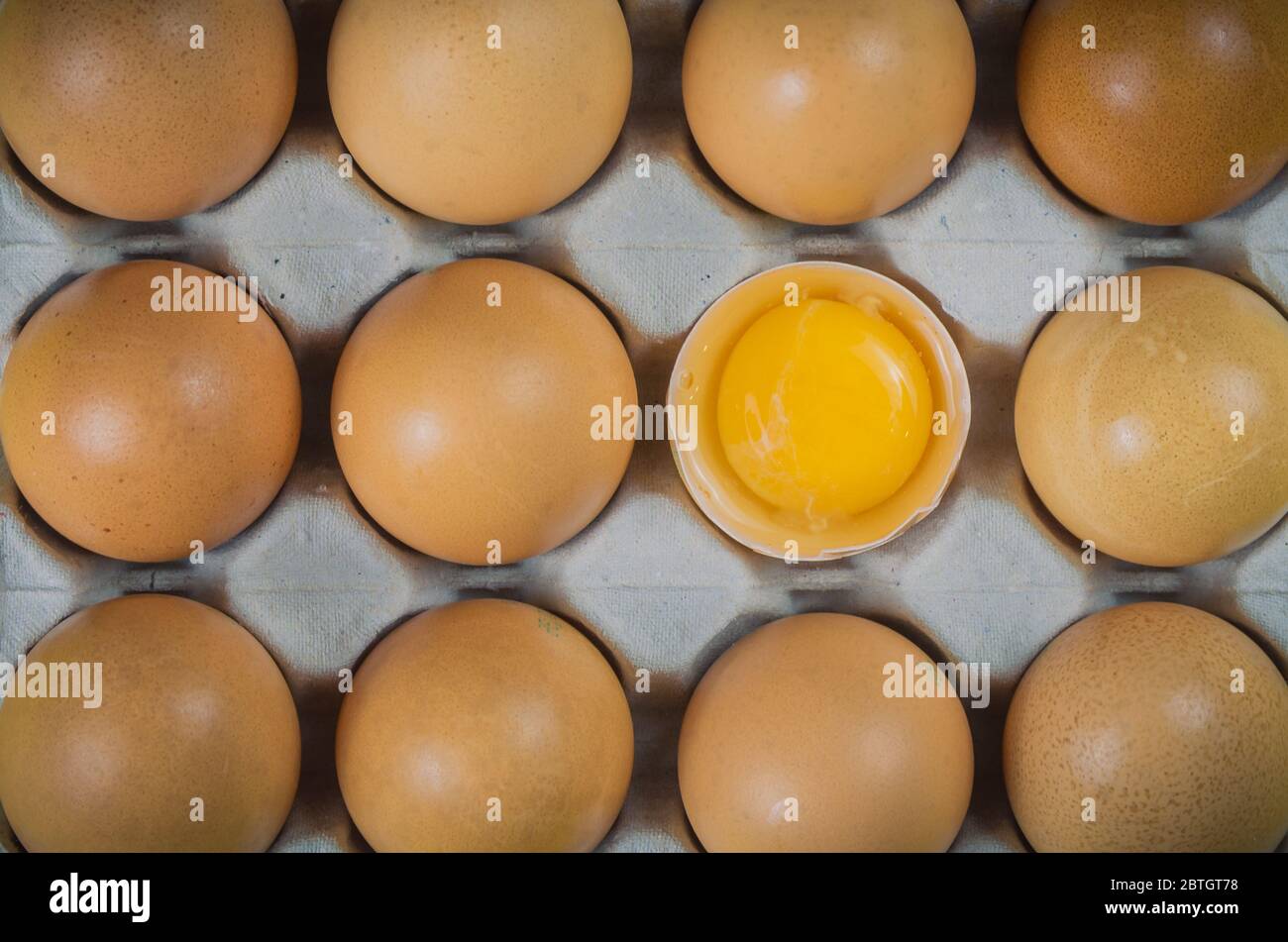 Beautiful fresh brown chicken eggs, closet in egg box. Stock Photo