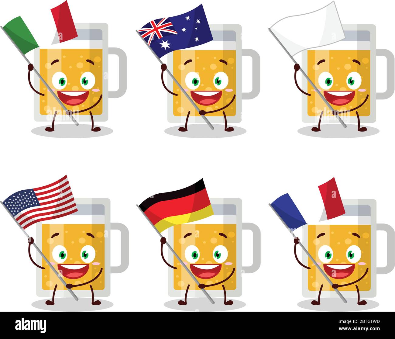 Mug of beer cartoon character bring the flags of various countries