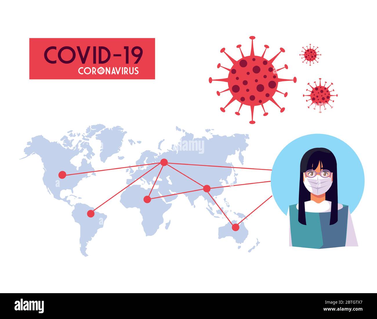 Woman with mask and world map design of Covid 19 virus theme Vector ...