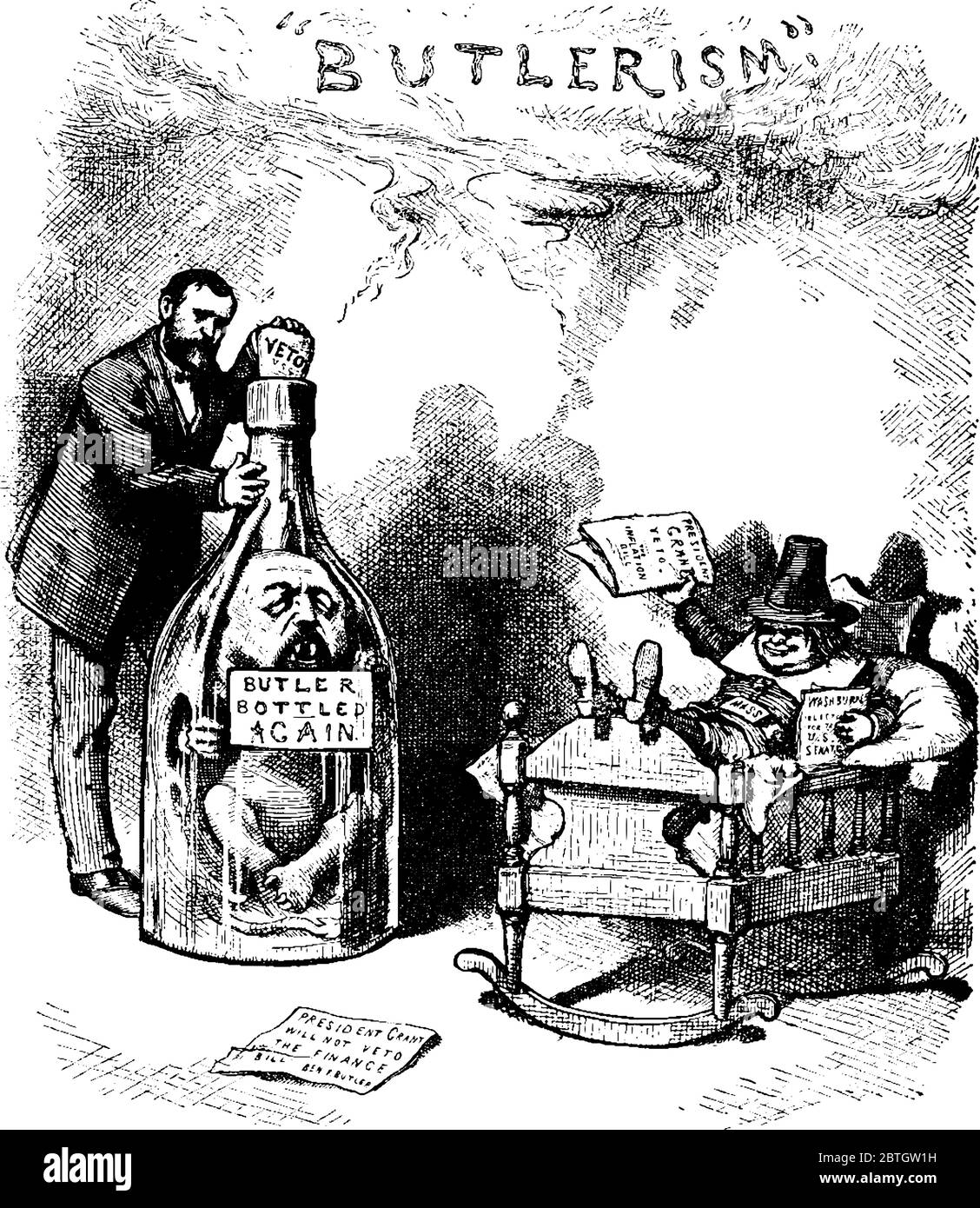 Caricature by Thomas Nast depicts Grant Vetoes inflation bill, it was a bill which would have injected more greenbacks into the economy, vintage line Stock Vector