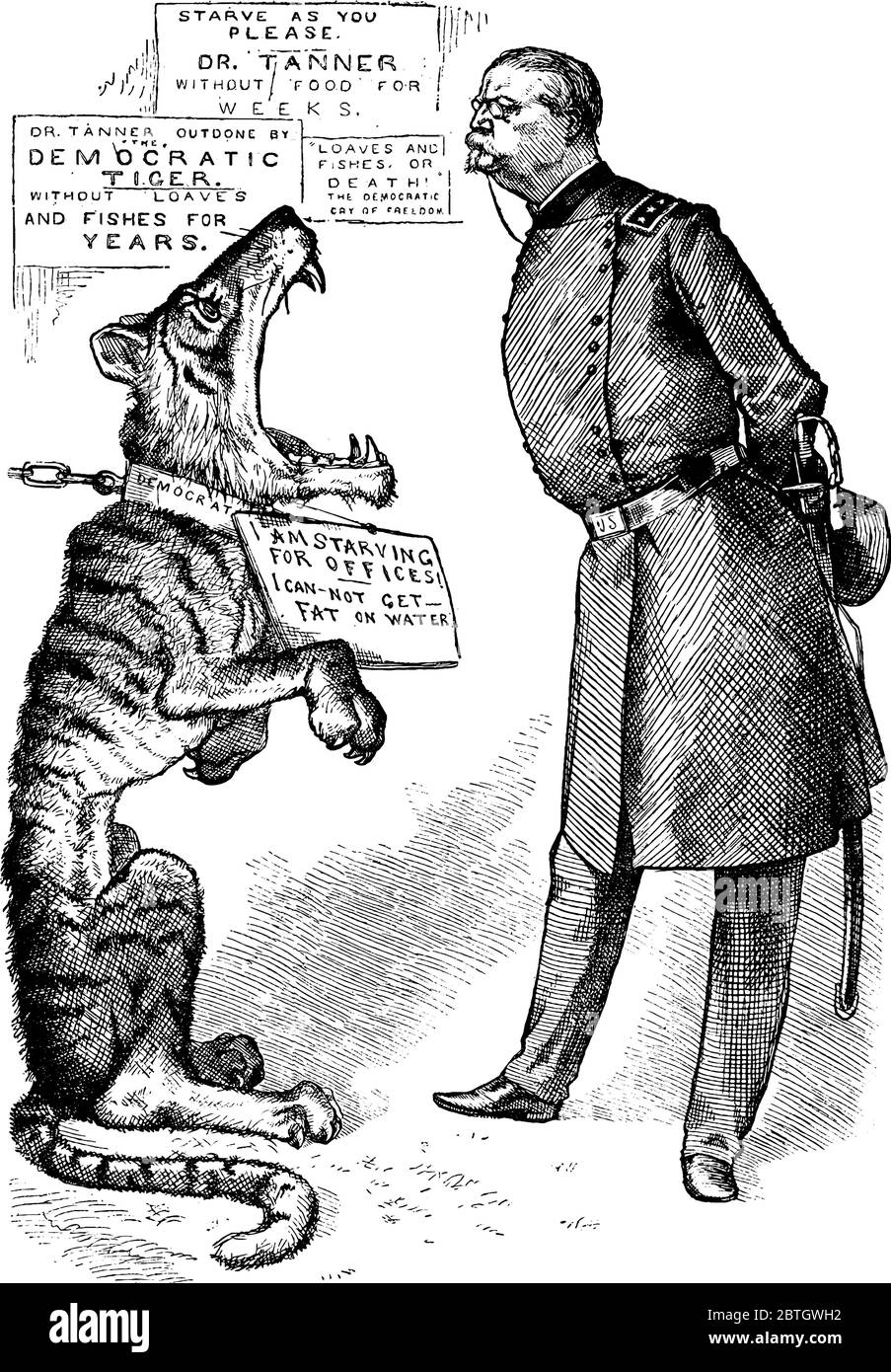 Cartoon by Thomas Nast depicting General Hancock chained Tiger (Republican Party) during the 1880 Presidential Elections, vintage line drawing or engr Stock Vector
