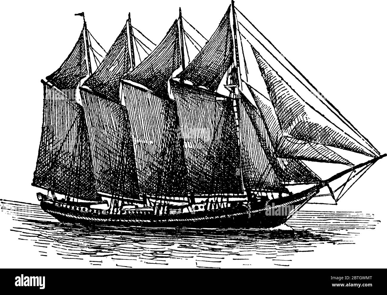 A four-masted schooner, a type of sailing vessel which uses fore-and-aft sails, vintage line drawing or engraving illustration. Stock Vector
