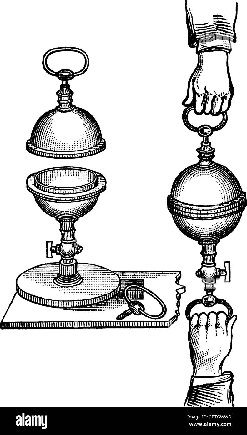 An experimental set-up with two large copper hemispheres with mating rims, used to demonstrate the power of atmospheric pressure, vintage line drawing Stock Vector