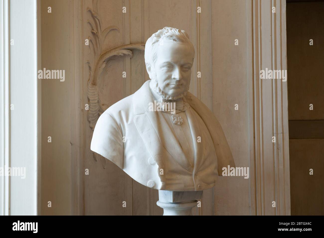 Santena, Italy - December 2010: A marble bust of Camillo Benso, Count of Cavour, in the country residence of the italian politician, next to Turin. Stock Photo