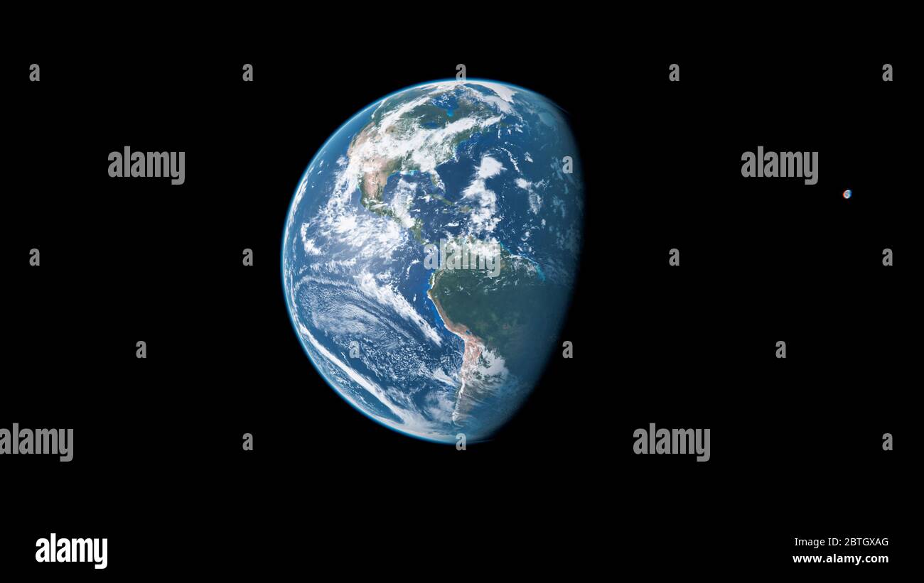 North America from Space During the Day - Planet Earth and Moon - The Blue Marble - 3D Illustration Stock Photo