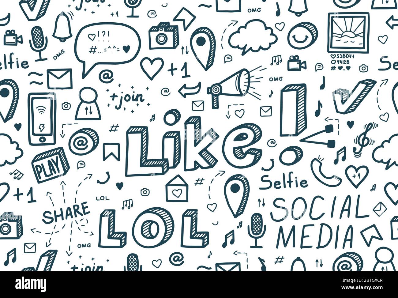 Social media seamless pattern. Hand drawn doodle design. Vector llustration. Stock Vector