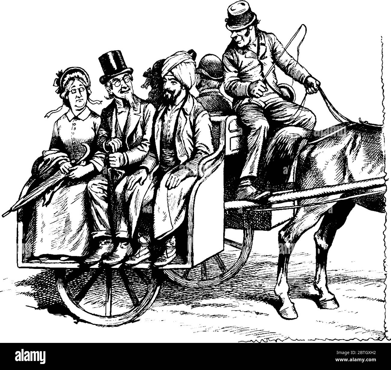 sketch showing people seated back to back on jaunting car. Jaunting car is a light two-wheeled carriage for a single horse and very popular in Ireland Stock Vector