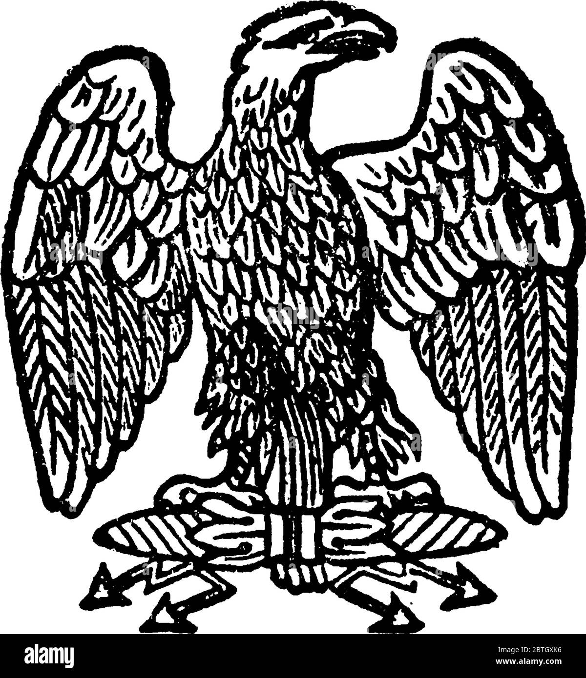 An emblem in heraldry, war, and legend. The eagle, borne upon a spear, was used by the Persians as a standard in the battle of Cunaxa, B. C. 401. The Stock Vector