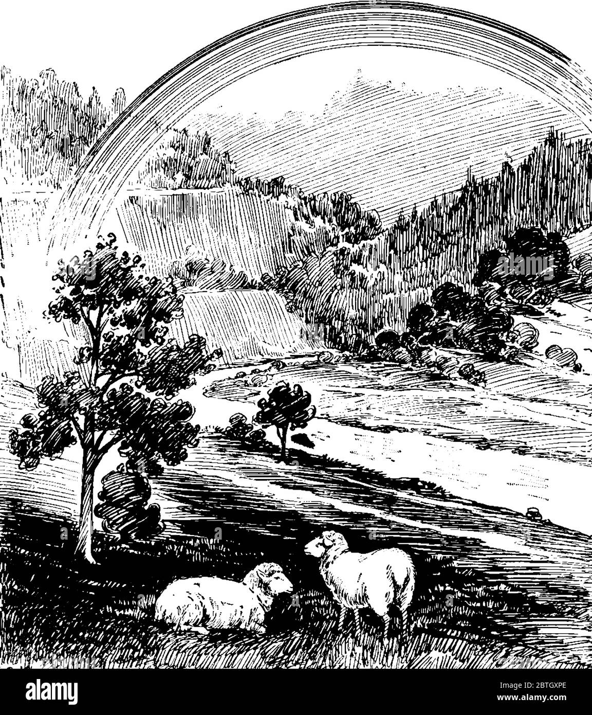 A landscape picture containing two sheep's, mountains and trees in background and also rainbow is showing, vintage line drawing or engraving illustrat Stock Vector