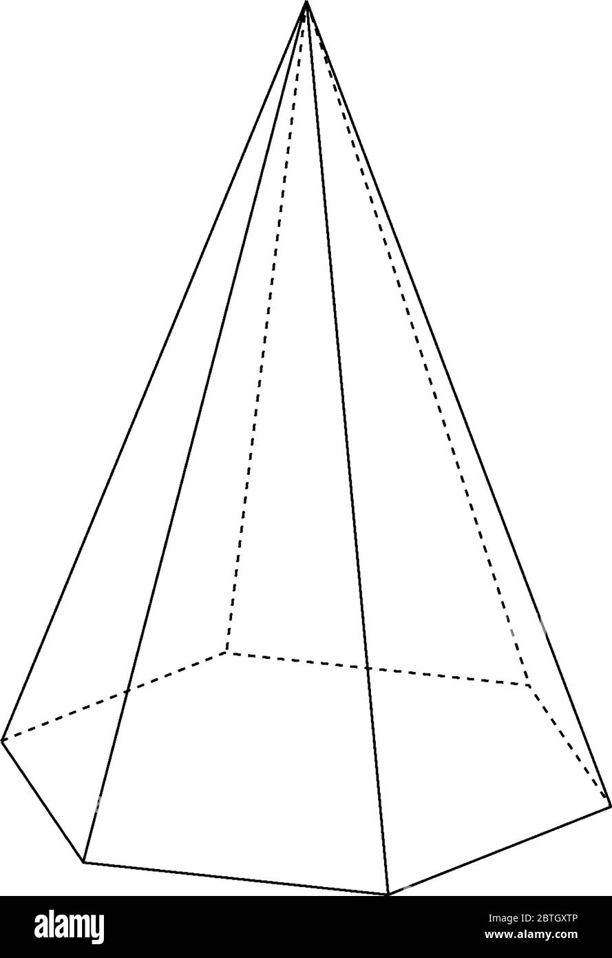 Illustration of a right hexagonal pyramid with hidden edges shown. The base is a hexagon and the faces are isosceles triangles., vintage line drawing Stock Vector