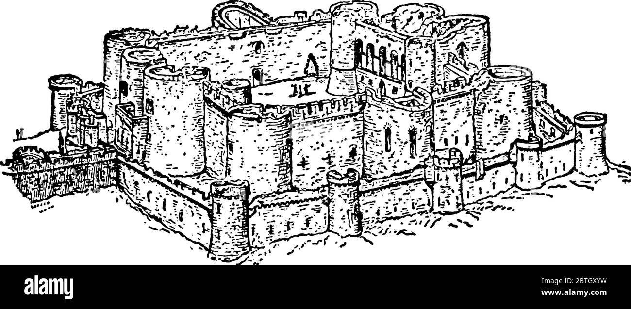 Beaumaris Castle, located in Beaumaris, Anglesey, is the most architecturally perfect castle in Britain, vintage line drawing or engraving illustratio Stock Vector