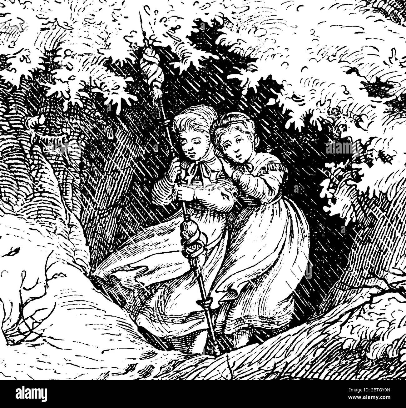 Two young girls lost in a place, vintage line drawing or engraving illustration. Stock Vector