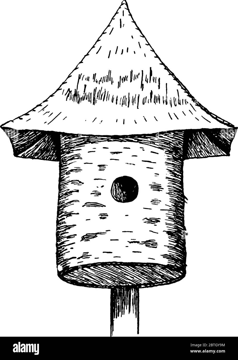 A birch bark bird house, vintage line drawing or engraving illustration