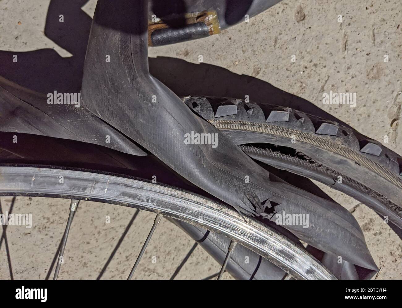 innertube exploded detail, flat tire bicycle problem Stock Photo