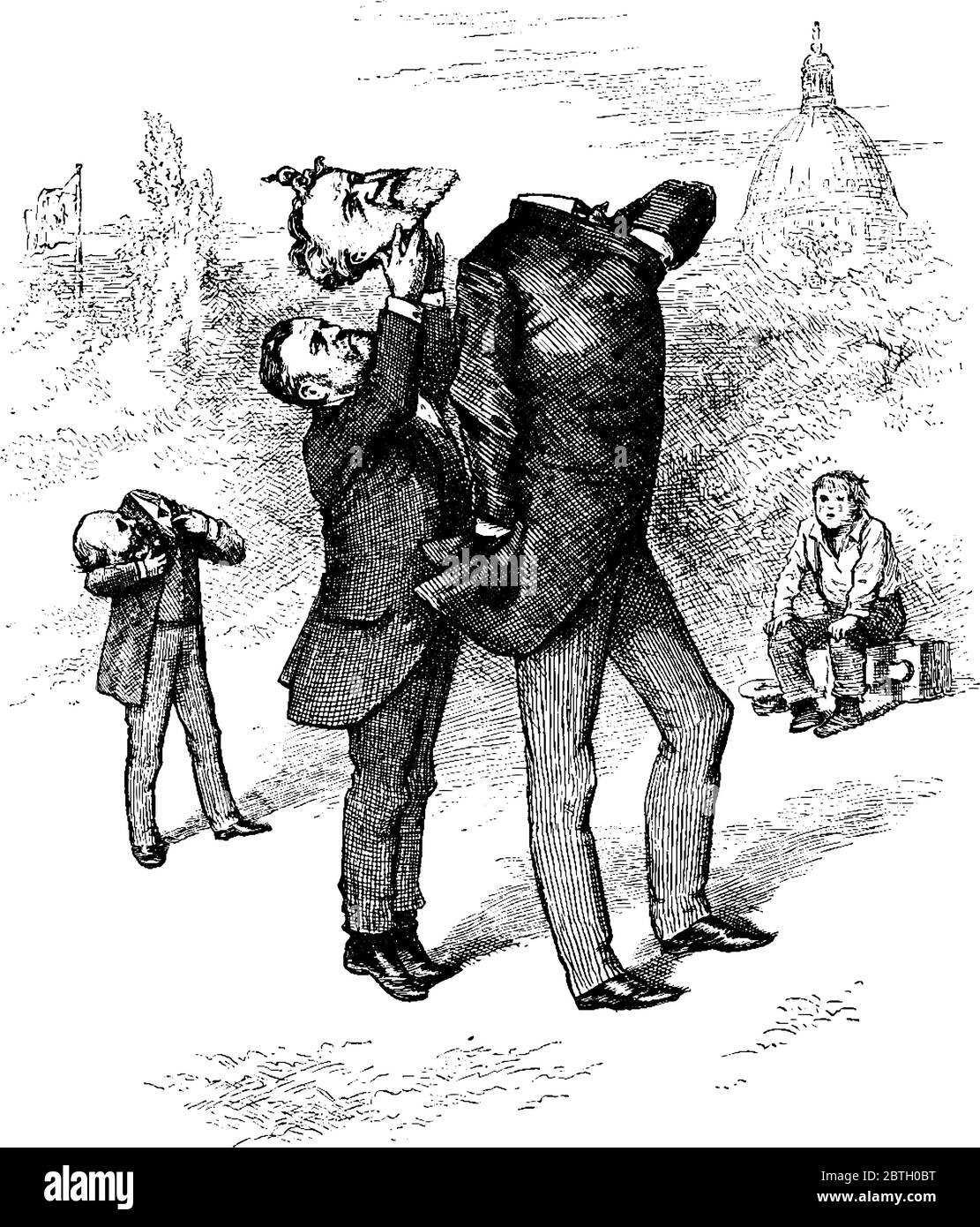 Cartoon by Thomas Nast depicting Roscoe Conkling and Thomas Platt heads are cut off, President Grant trying to fix Conkling head on the body and young Stock Vector
