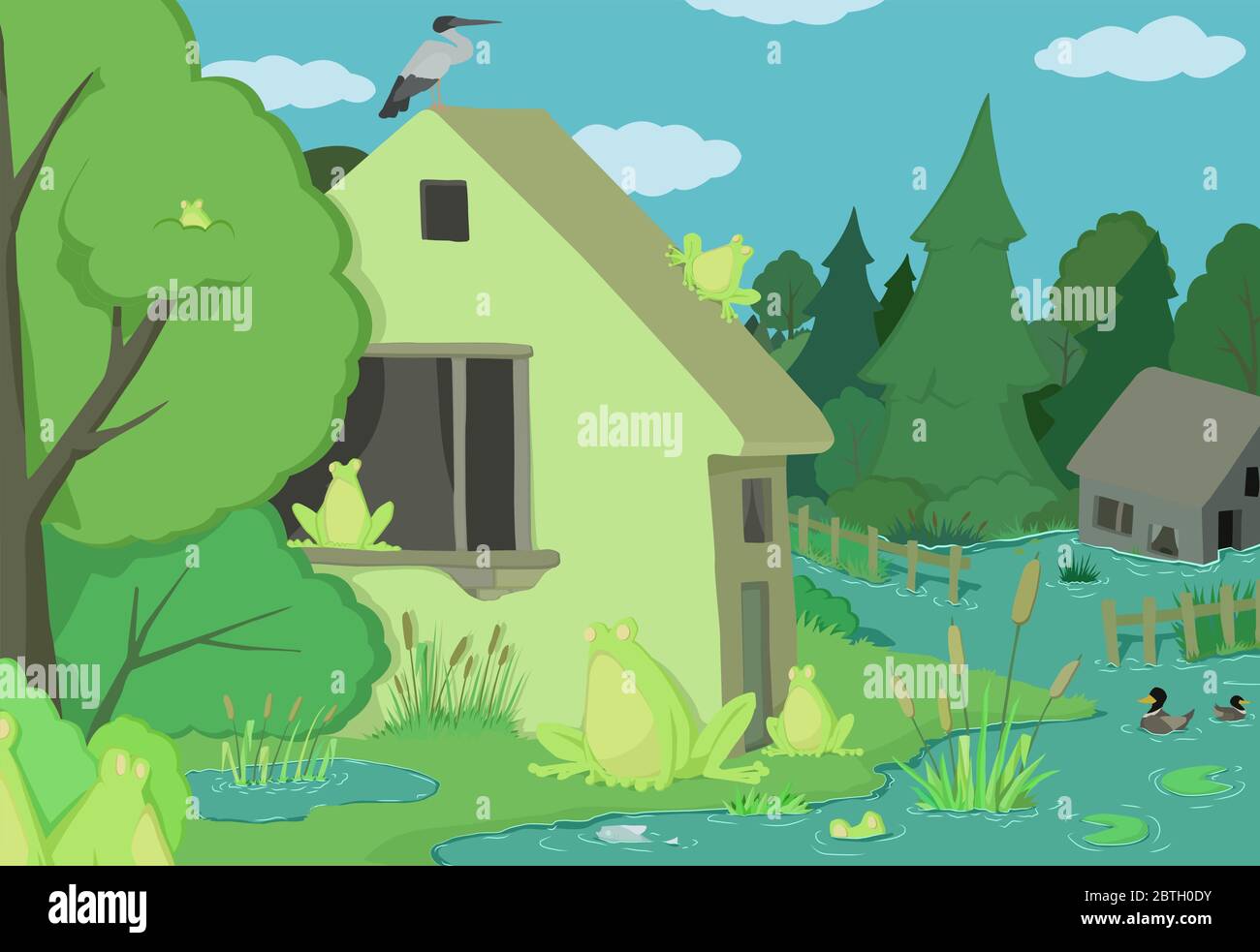 Frogs landscape scene after rain, strange humorous vector cartoon color illustration, horizontal Stock Vector