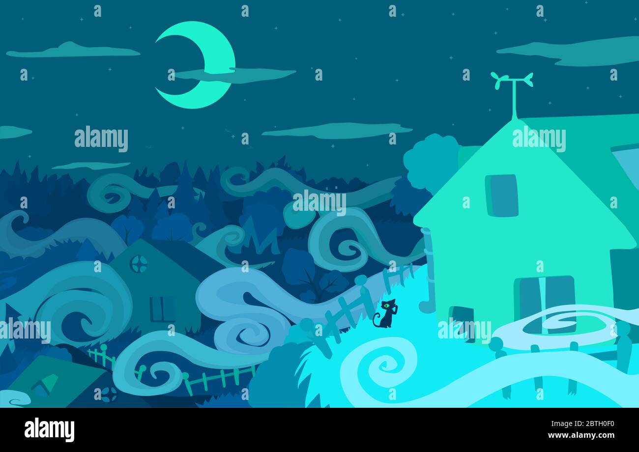 Night mist village houses scene, vector cartoon color illustration, horizontal Stock Vector