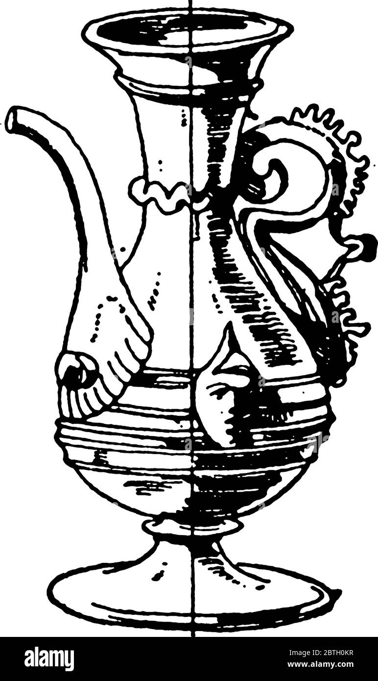 This one handled Venetian Pipe-spout Pot pourer is a middle age design made out of glass. The spout is attached at the middle of the body, narrow at n Stock Vector