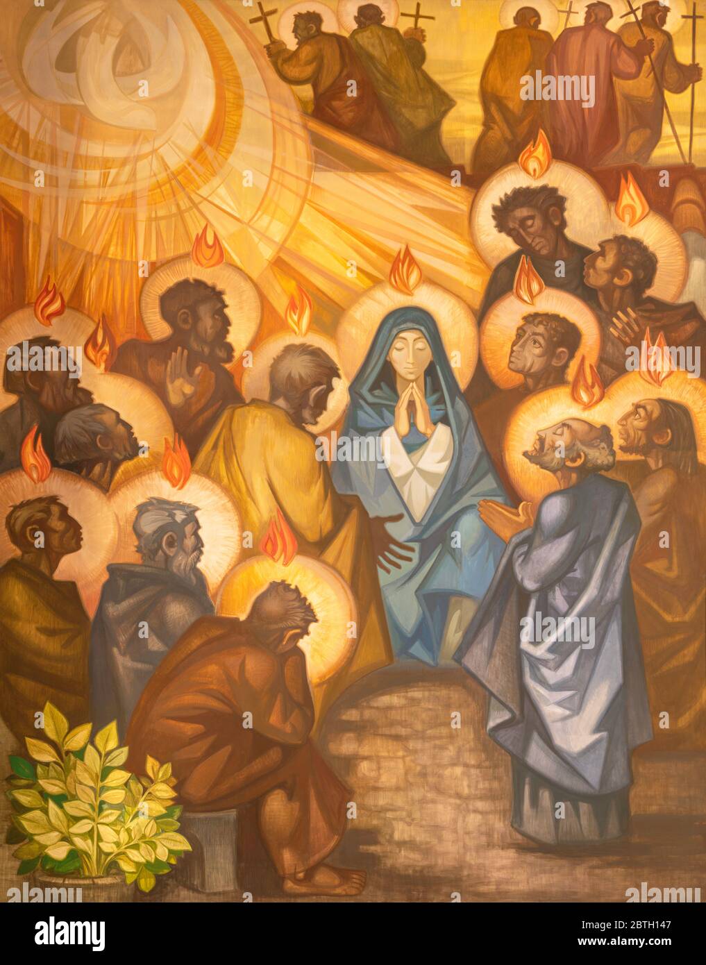 BARCELONA, SPAIN - MARCH 3, 2020: The modern painting of Pentecost in the church Santuario Nuestra Senora del Sagrado Corazon by Navarro Perez Dolz. Stock Photo