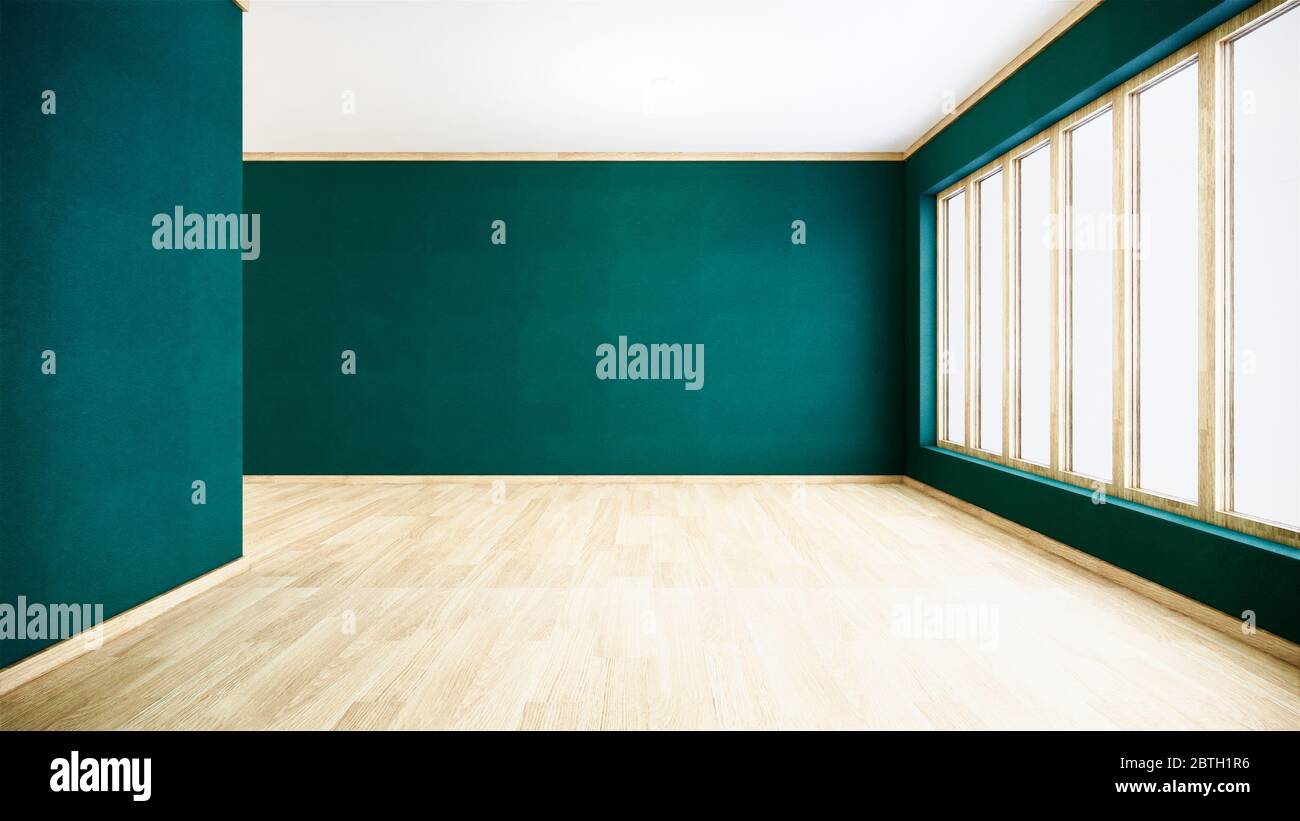 Green wall on wood floor interior. 3D rendering Stock Photo - Alamy