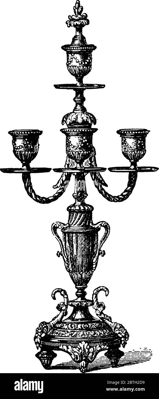 A typical representation of a bronze two-armed candlestick from the French style of Louis XIV, that could hold handles on it, vintage line drawing or Stock Vector