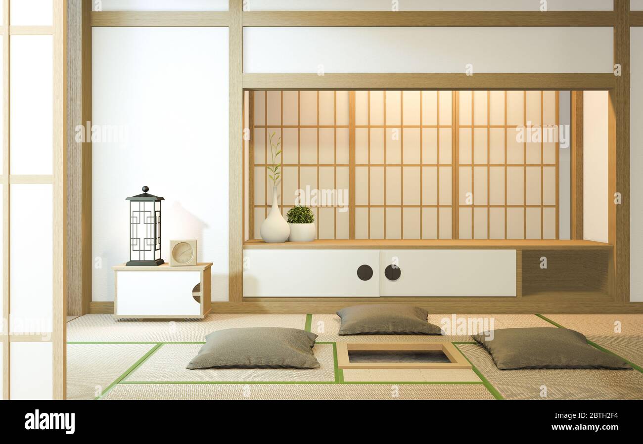 cabinet shelf wall on tatami mat floor room japanese style. 3D rendering  4589402 Stock Photo at Vecteezy