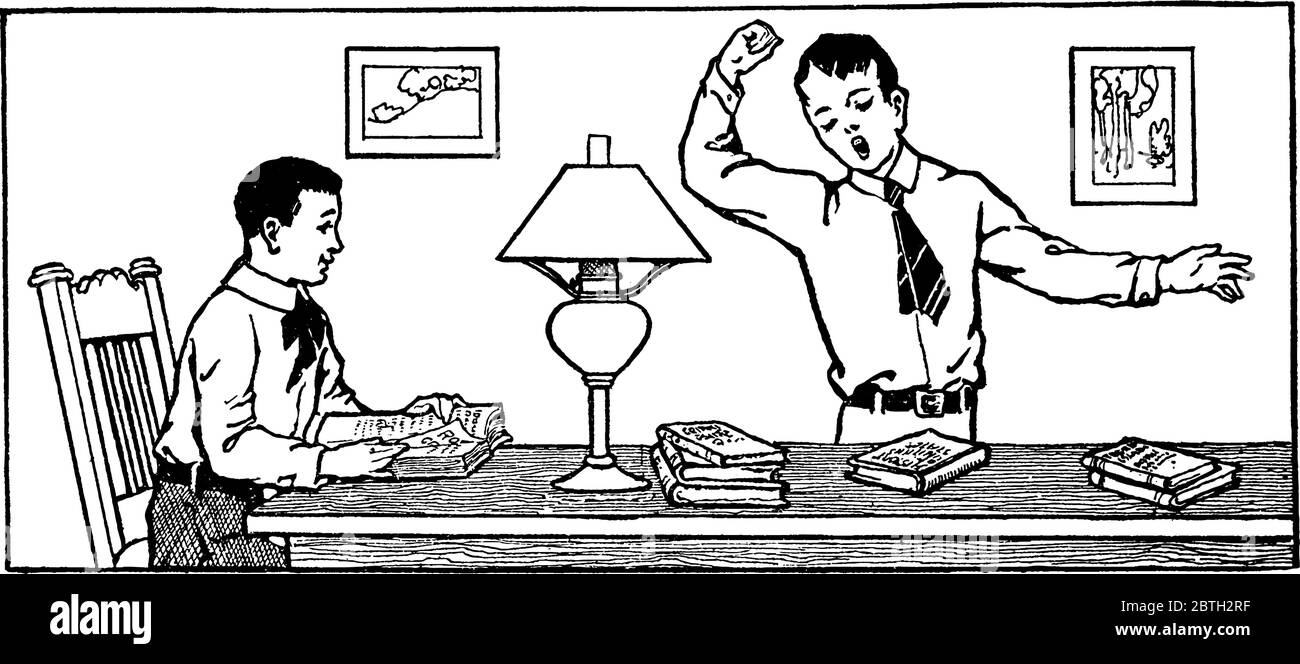 Two boys studying in library and one boy is yawning due to boredom, vintage line drawing or engraving illustration. Stock Vector