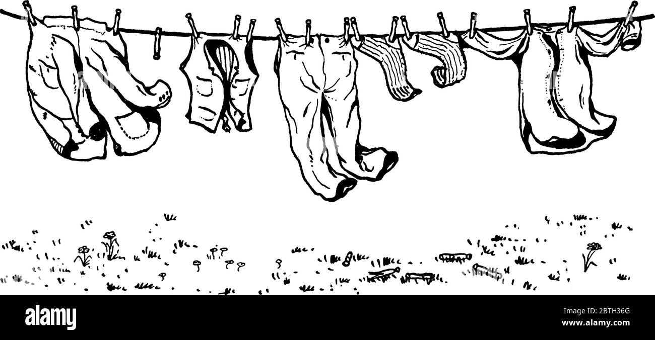 Drying clothes and household linens on a clothesline outside