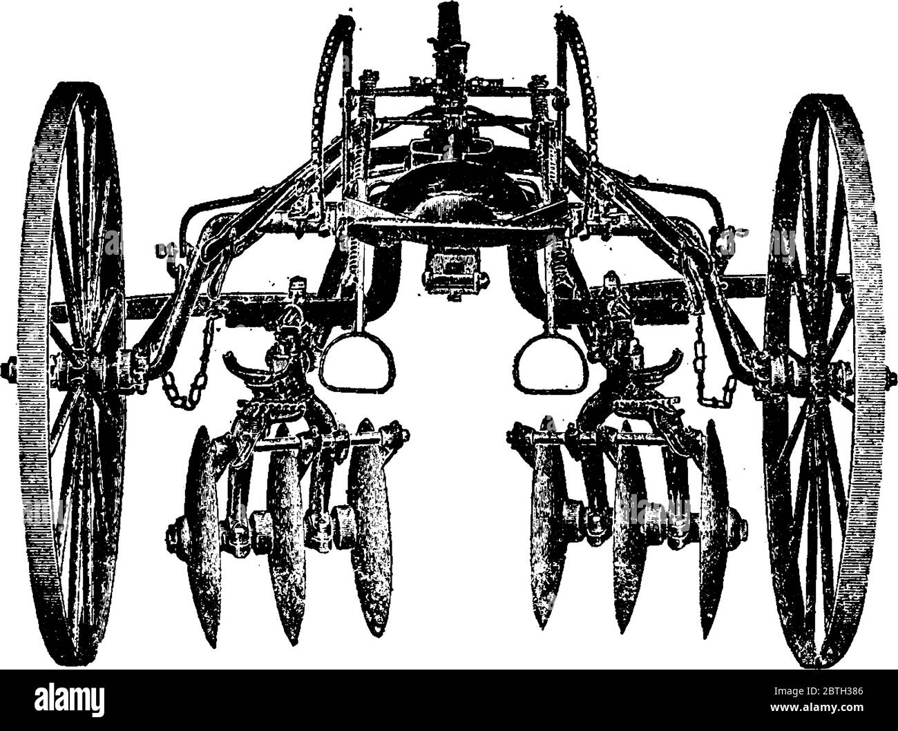 Disc cultivator has two large wheels and six small discs foor cutting soil, vintage line drawing or engraving illustration. Stock Vector