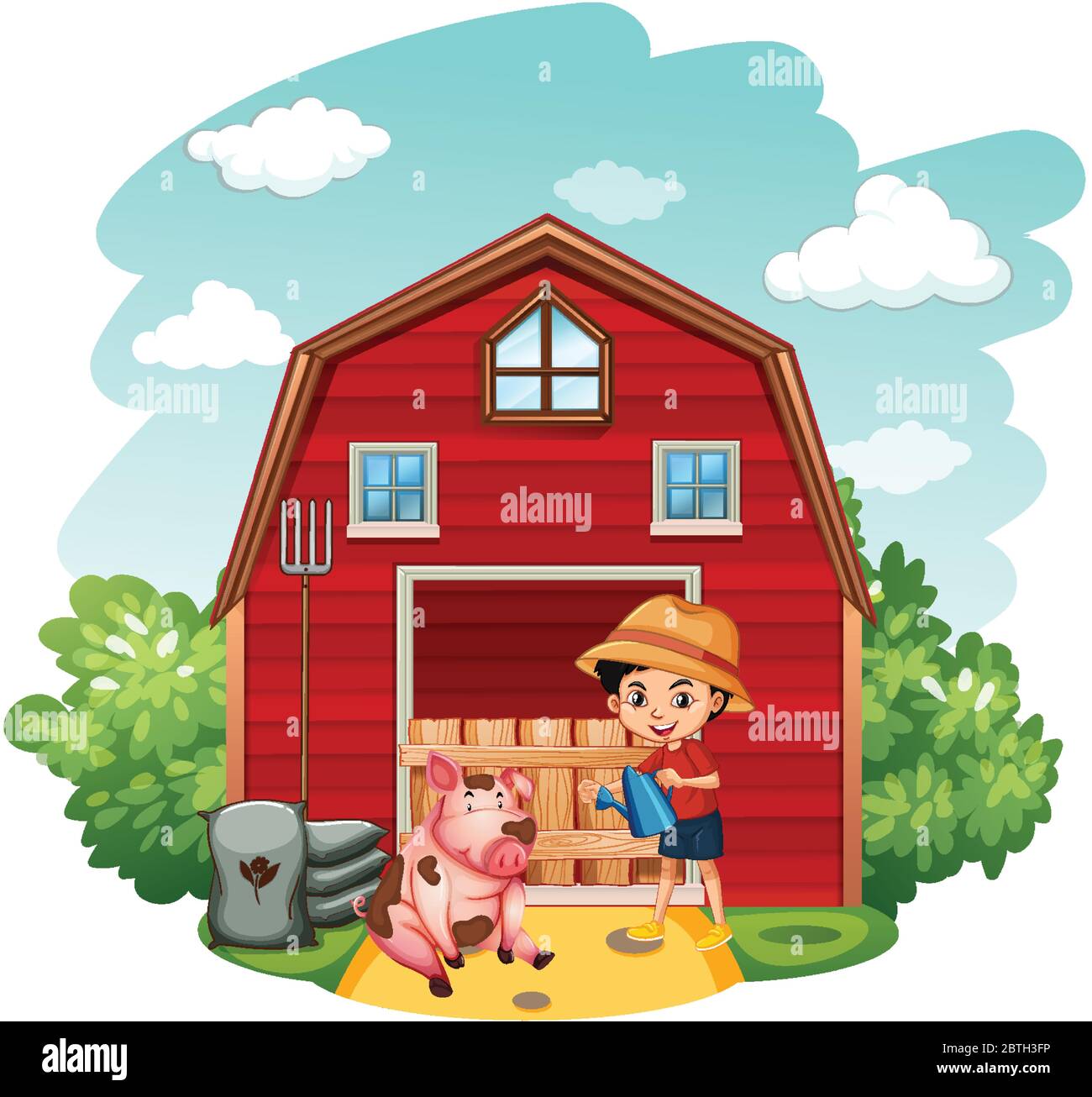 Farm scene with boy and pig on the farm illustration Stock Vector Image ...