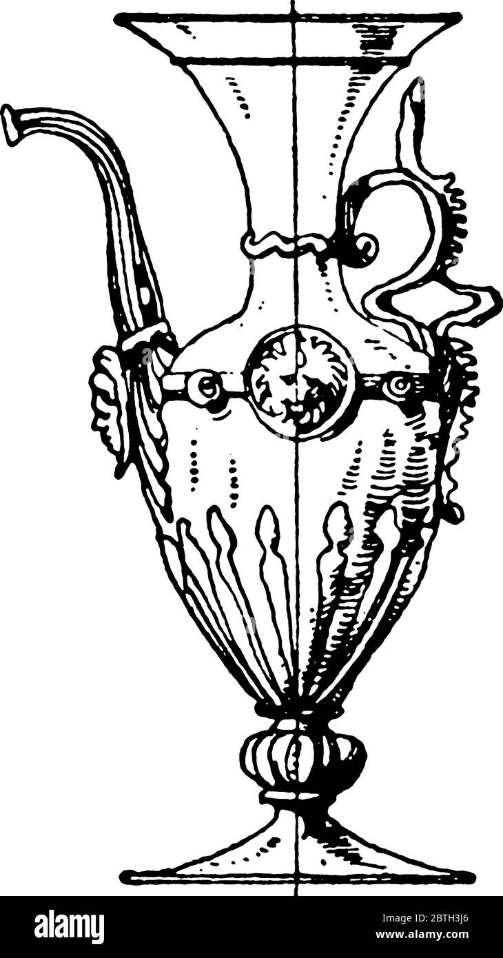 This one handled Venetian Pipe-spout Pot pourer is a middle age design made out of glass. The spout is attached at the middle of the body, narrow at n Stock Vector