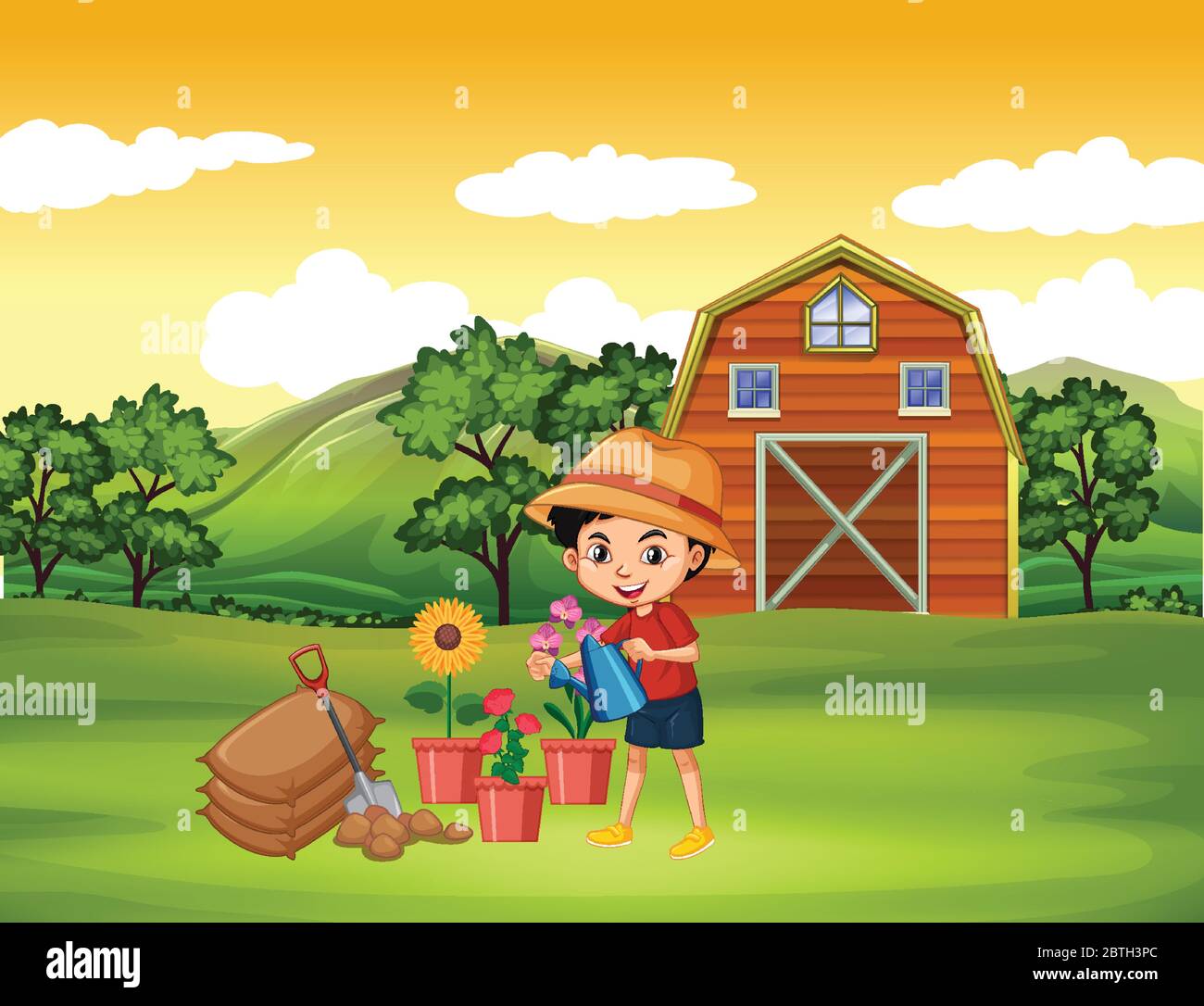 Farm scene with boy watering the flowers on the farm illustration Stock ...