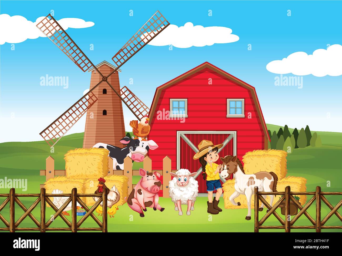 Farm scene with farmer and many animals on the farm illustration Stock ...