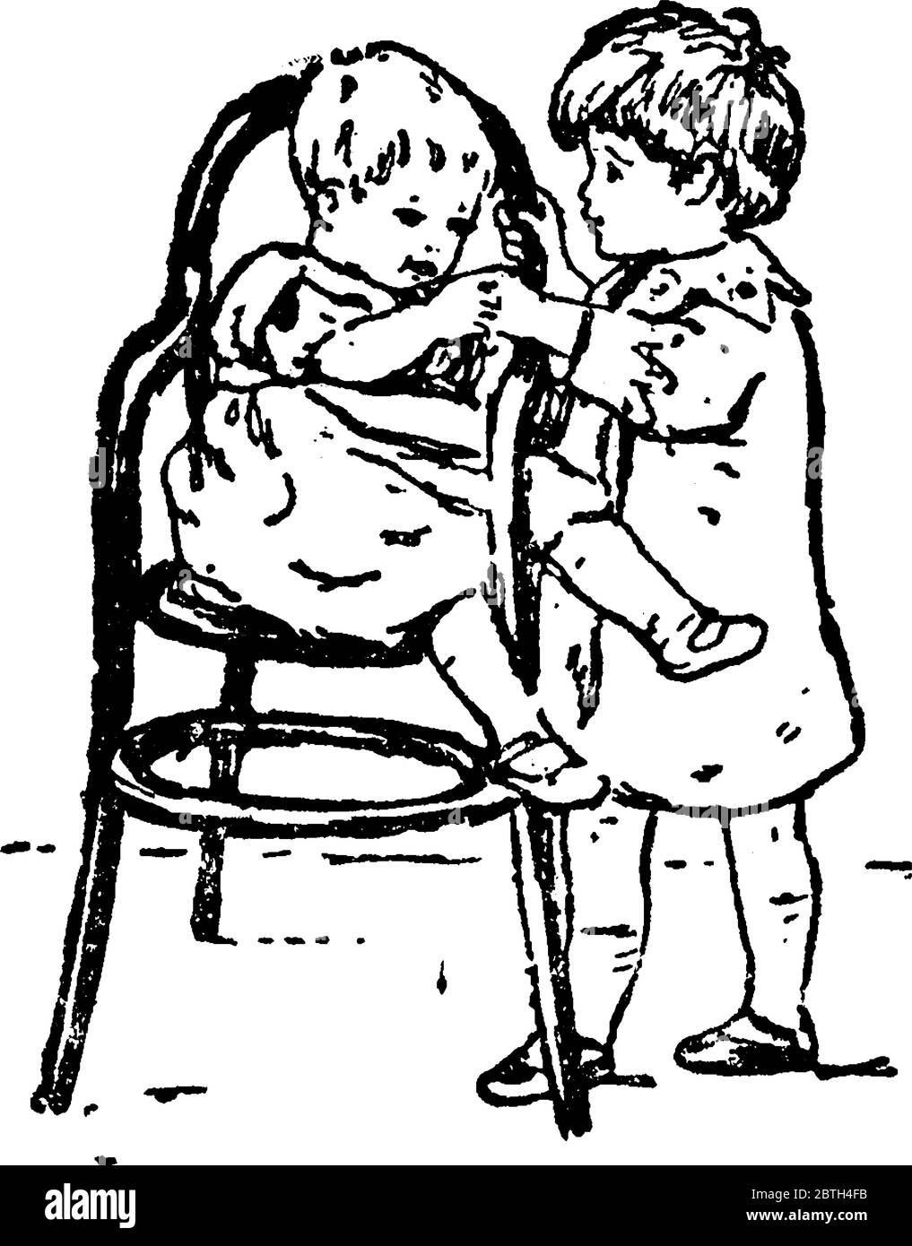 A Small Girl Sitting On Her High Chair Leaving One Of Her Legs Outside The Arms Of The Chair And Touching The Hands Of A Small Boy Standing Close By Stock Vector A Small Girl Sitting On Her High Chair Leaving One Of Her Legs Outside The Arms Of The Chair And Touching The Hands Of A Small Boy Standing Close By Stock Vector